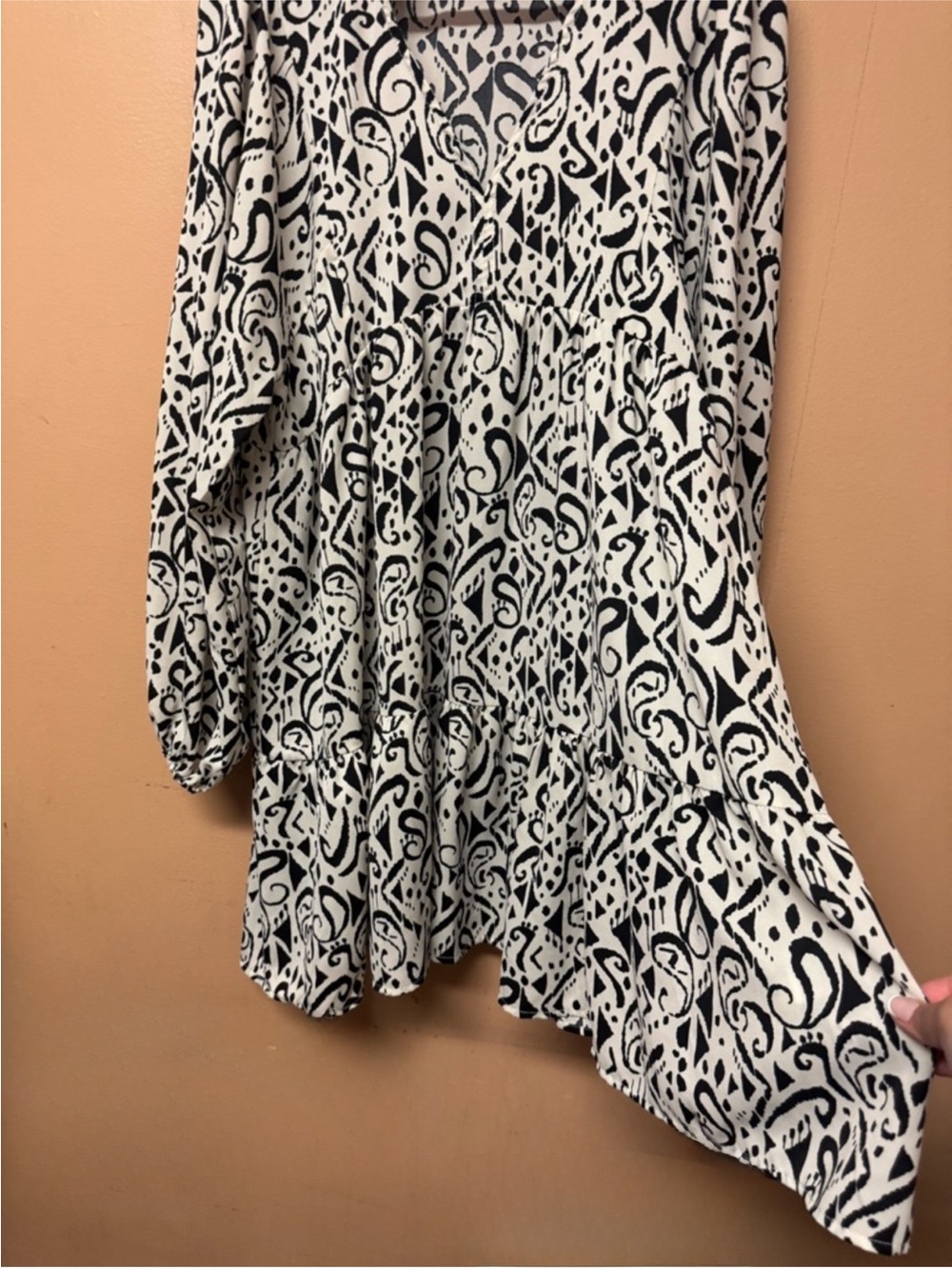 UMGEE L Black White Paisley Boho Dress Tiered Mini Balloon Long Sleeve - Picture 3 of 5